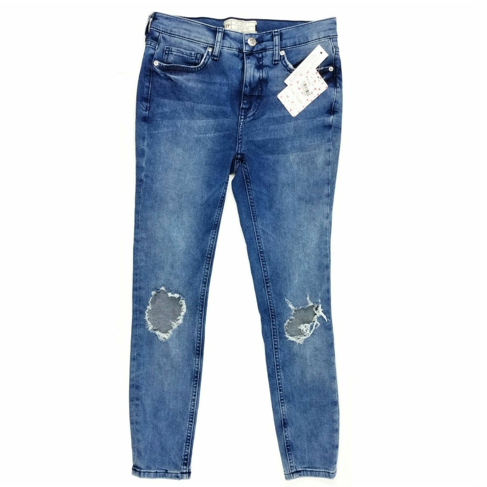 Free People Turquoise Skinny Jeans 26 Distressed Y2K‎ Low Rise Ripped Stretch